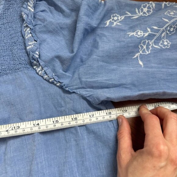 LOFT Embroidered Smock Light Blue Long Sleeve Blouse Size Large Petite - Picture 5 of 6